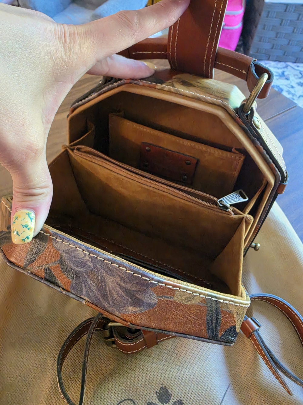 Patricia Nash Leather Floral Mini Top-Handle Bag in Brown and Purple - Picture 5 of 7